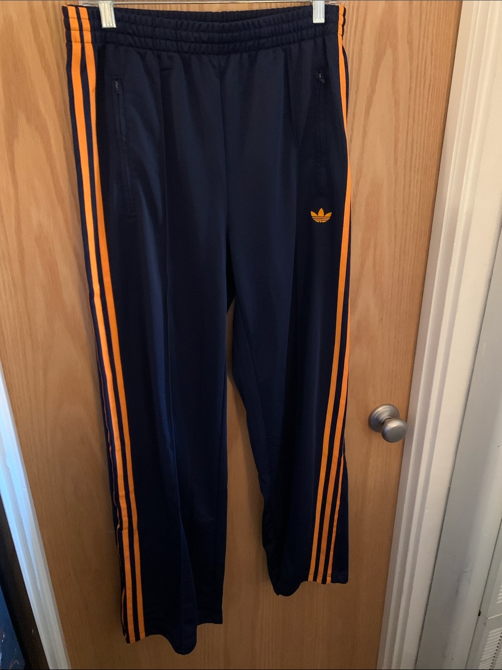 Women’s Sz M NWT Adidas Indigo Firebird Track Pants with Orange Side Stripe